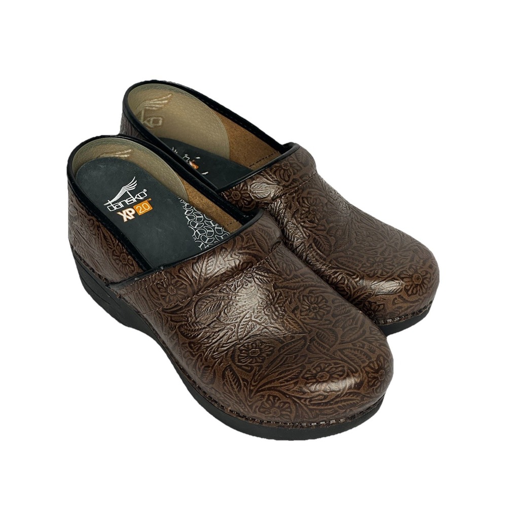 Dansko XP 2.0 Brown Slip On Shoes Floral Tooled Leather Womens Size EU 41 US 10